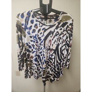 Jess & Jane Tunic Top Animal Print Asymentrical Multi Color 3/4 Sleeves  Size M